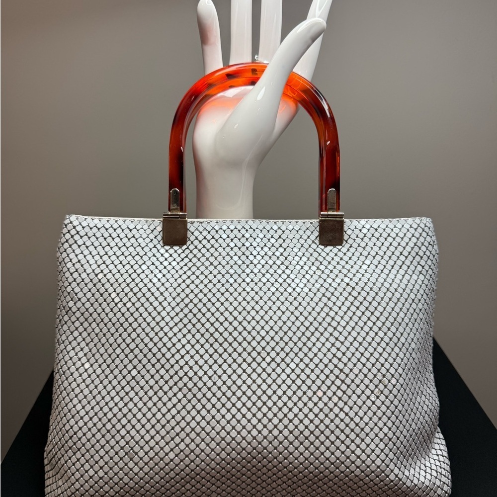 White Woven Tote with Amber Acrylic Handles
